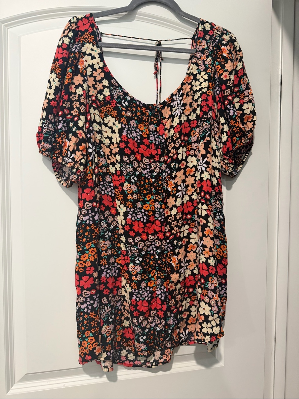 Free People Black Floral Mini Dress with Red, Cream & Orange Blossoms